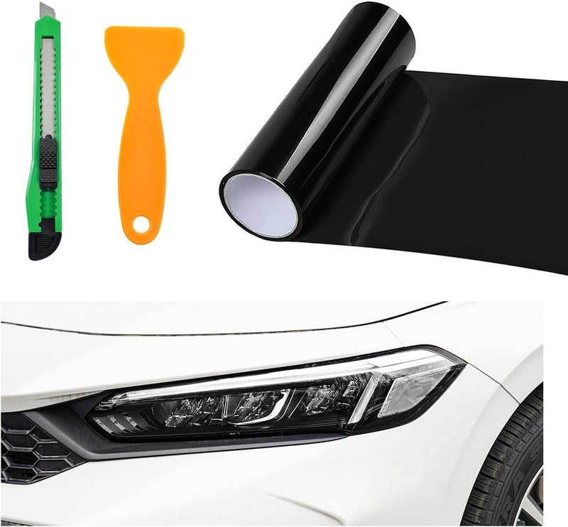MUQIDA Headlight Vinyl Film Sticker Sheet Roll, 47.2"×11.8" Self-Adhesive Tint Vinyl Film for Car Tail Lights Fog Lights, Air-Release Headlight Tint Wrap Film with Squeegee & Cutter (Dark Black) - Image 1